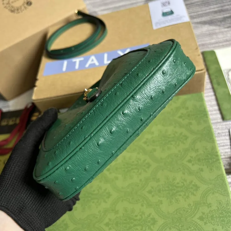 Gucci 637091 Jackie 1961 Mini Kapsa na rameno z pštrosí kůže Zelená