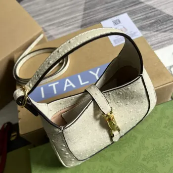 Gucci 637091 Jackie 1961 Mini Kapsička z pštrosí kůže, béžová