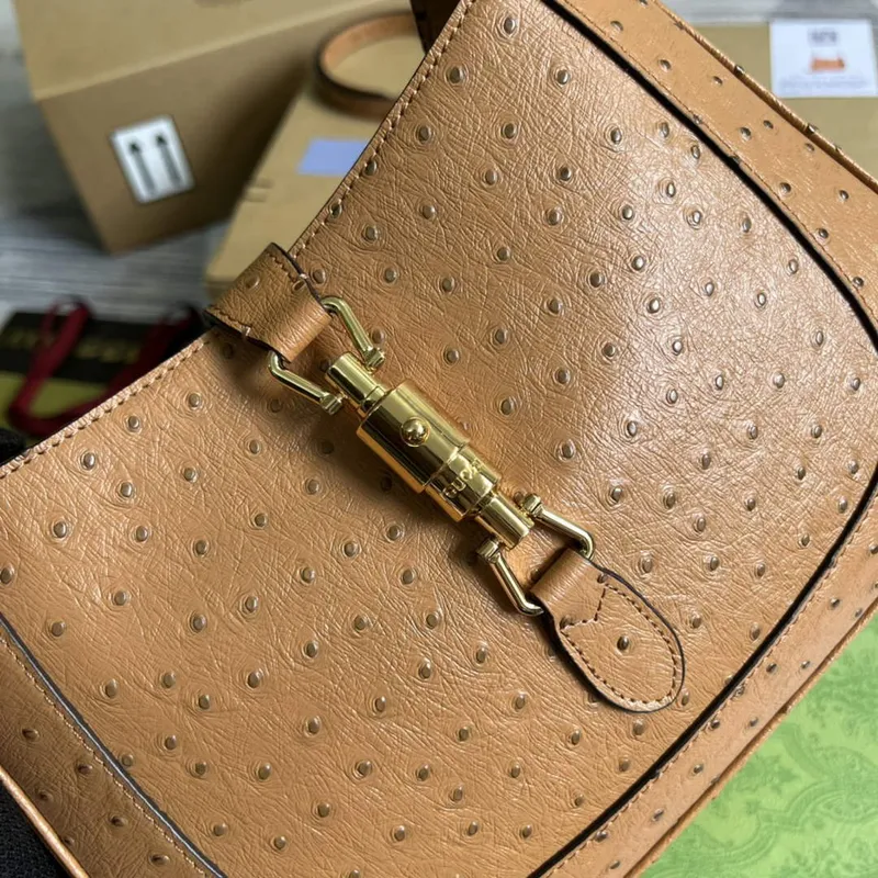 Gucci 636709 Jackie 1961 Malá taška z pštrosí kůže Hnědá