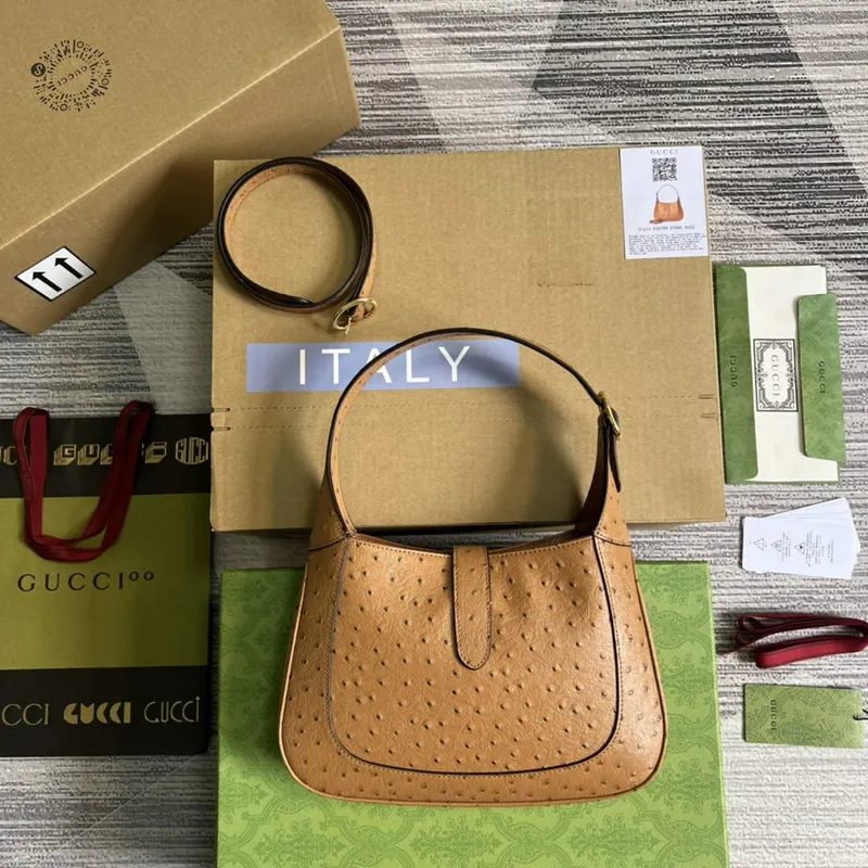 Gucci 636709 Jackie 1961 Malá taška z pštrosí kůže Hnědá