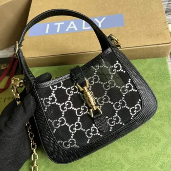 Gucci 677027 Jackie 1961 Mini Crystal GG ještěrka taška Černá