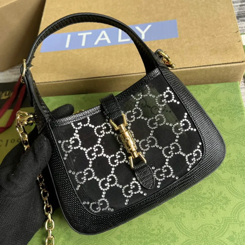 Gucci 677027 Jackie 1961 Mini Crystal GG ještěrka taška Černá
