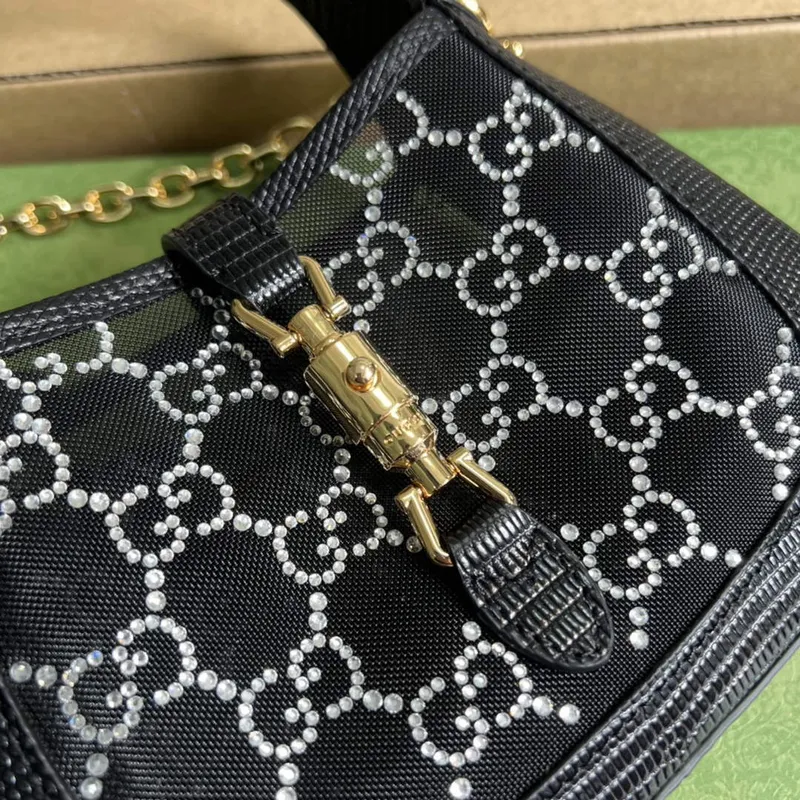 Gucci 677027 Jackie 1961 Mini Crystal GG ještěrka taška Černá