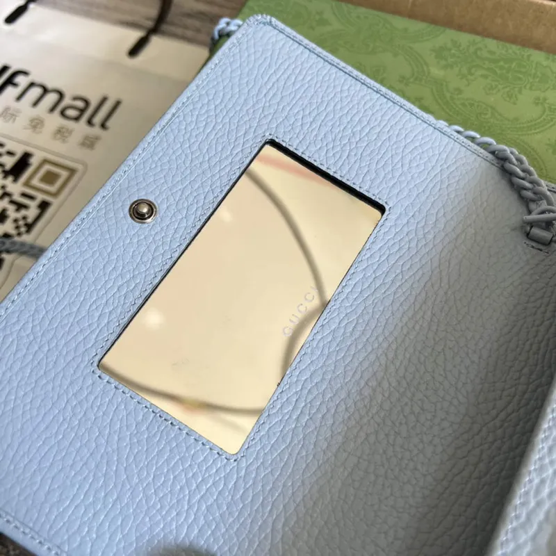 Gucci 497985 GG Marmont Kožená Mini Řetízková Taška Světle modrá