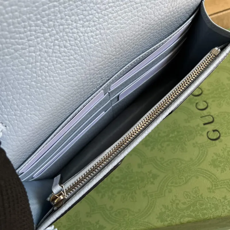 Gucci 497985 GG Marmont Kožená Mini Řetízková Taška Světle modrá