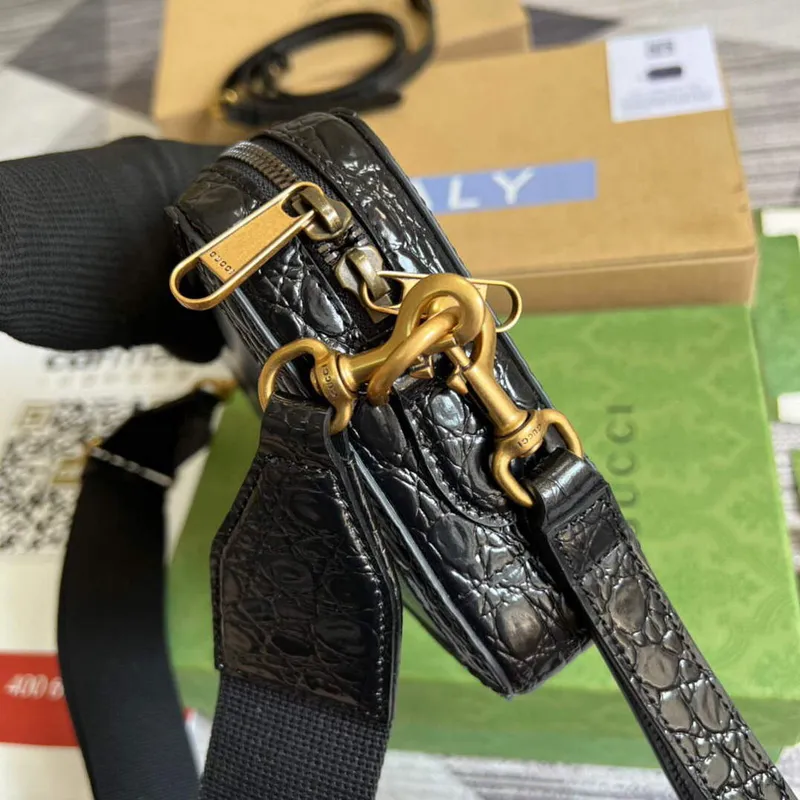 Gucci 710861 Krokodýlí kabelka přes rameno s Double G Černá
