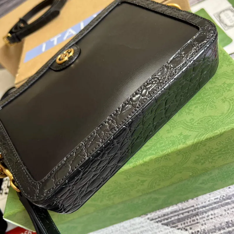 Gucci 710861 Krokodýlí kabelka přes rameno s Double G Černá