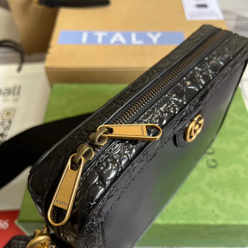 Gucci 710861 Krokodýlí kabelka přes rameno s Double G Černá