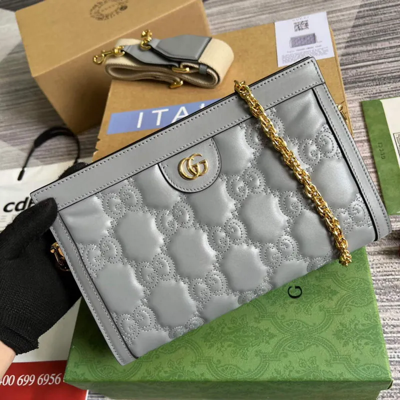 Gucci 702200 GG matelassé kožená kabelka přes rameno Prašná šedá