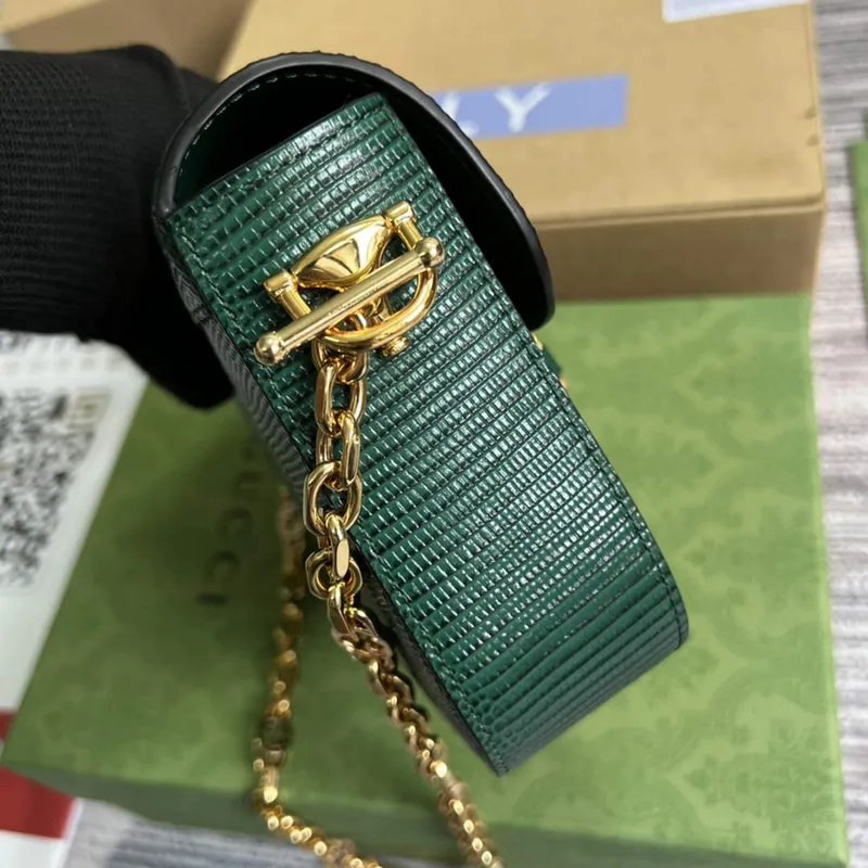 Gucci Horsebit 1955 mini taška z ještěrčí kůže 675801 zelená kůže