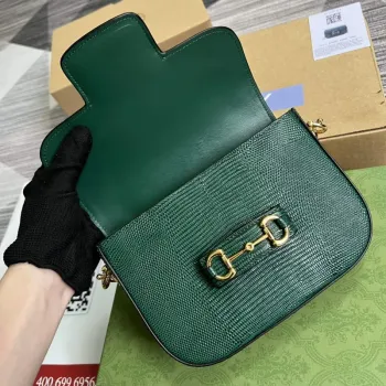 Gucci Horsebit 1955 mini taška z ještěrčí kůže 675801 zelená kůže