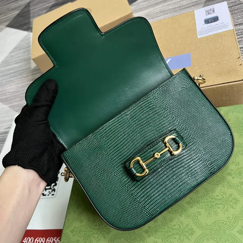 Gucci Horsebit 1955 mini taška z ještěrčí kůže 675801 zelená kůže