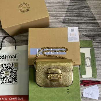 Gucci Horsebit 1955 mini taška z ještěrčí kůže 675801 zlatá kůže