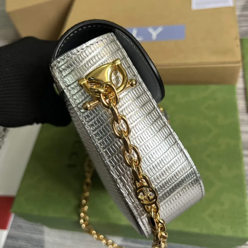 Gucci 675801 Horsebit 1955 mini taška z ještěrčí kůže stříbrná kůže
