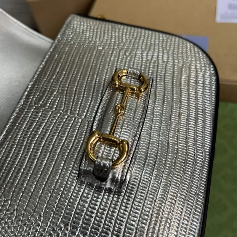 Gucci 675801 Horsebit 1955 mini taška z ještěrčí kůže stříbrná kůže