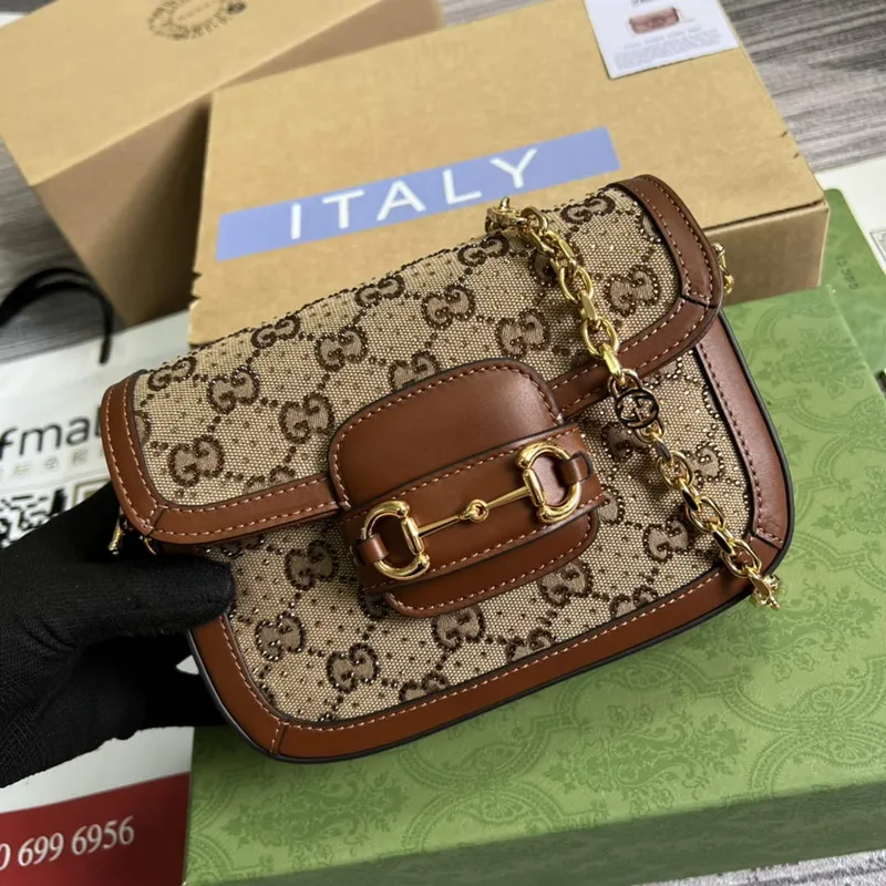 Gucci Horsebit 1955 GG mini taška 675801 Hnědá kůže