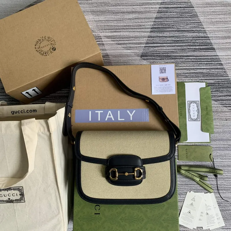 Gucci Horsebit 1955 ramenní taška béžová s černou kůží 602204