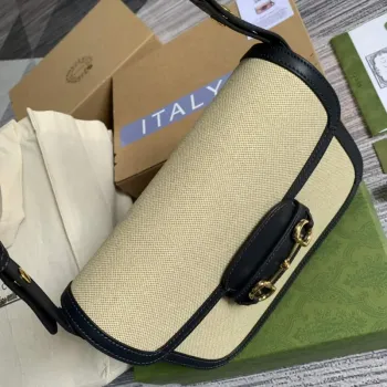 Gucci Horsebit 1955 ramenní taška béžová s černou kůží 602204