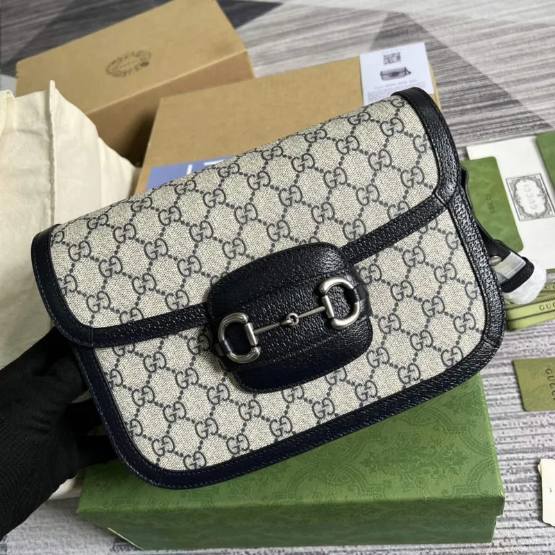 Gucci Horsebit 1955 ramenní taška 602204 béžová s černou kůží