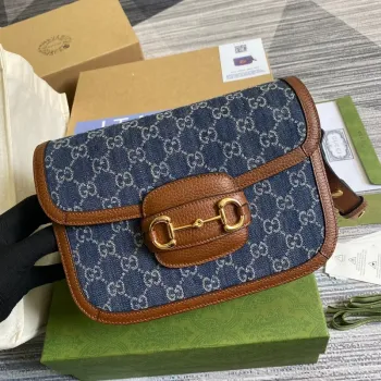 Gucci Horsebit 1955 ramenní taška 602204 modrá s hnědou kůží