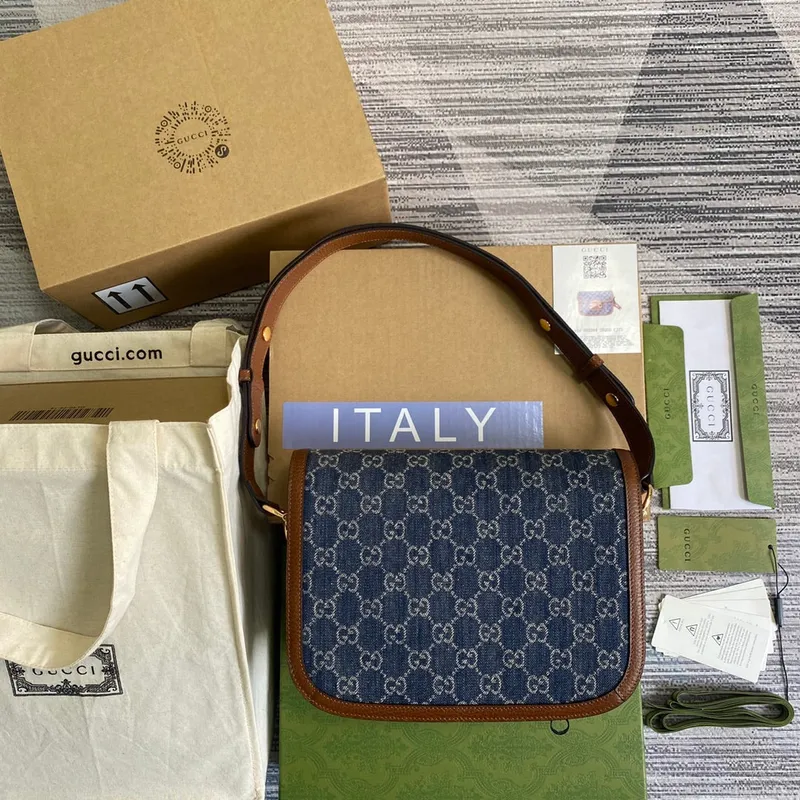 Gucci Horsebit 1955 ramenní taška 602204 modrá s hnědou kůží