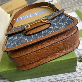 Gucci Horsebit 1955 ramenní taška 602204 modrá s hnědou kůží