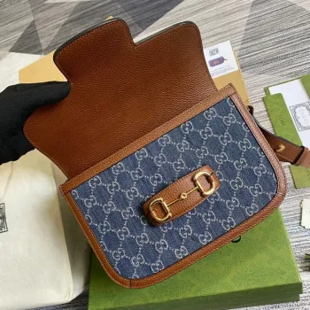 Gucci Horsebit 1955 ramenní taška 602204 modrá s hnědou kůží