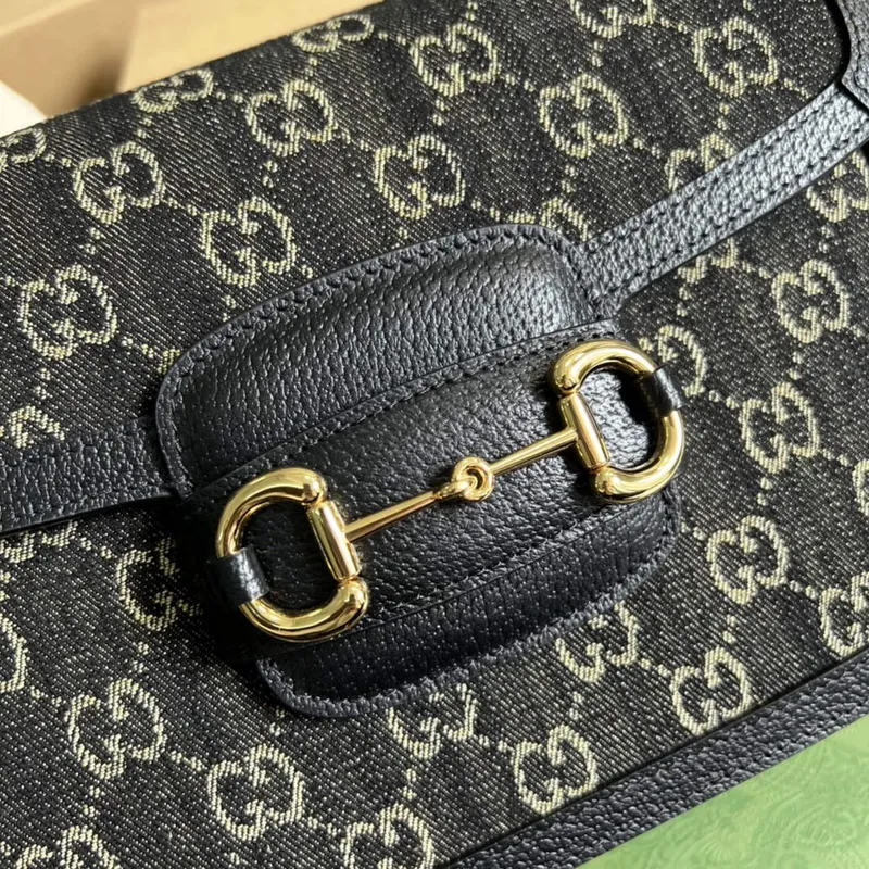 Gucci Horsebit 1955 ramenní taška 602204 Černá a slonovinová GG denim jacquard