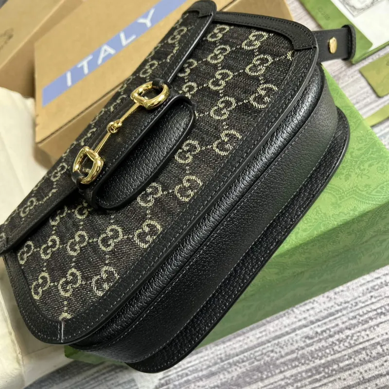 Gucci Horsebit 1955 ramenní taška 602204 Černá a slonovinová GG denim jacquard