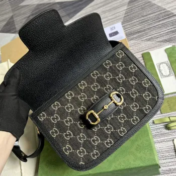 Gucci Horsebit 1955 ramenní taška 602204 Černá a slonovinová GG denim jacquard