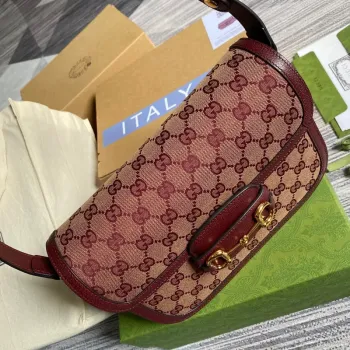 Gucci Horsebit 1955 ramenní taška 602204 Béžová a burgundská Originální GG plátno