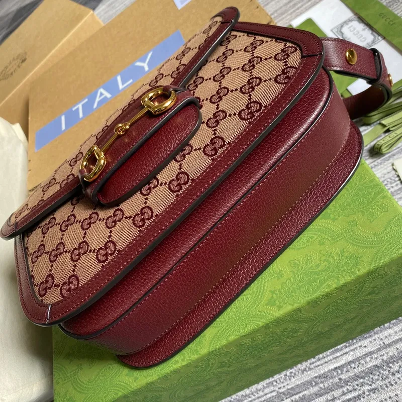 Gucci Horsebit 1955 ramenní taška 602204 Béžová a burgundská Originální GG plátno