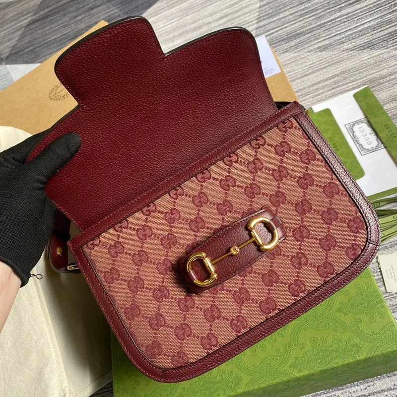 Gucci Horsebit 1955 ramenní taška 602204 Béžová a burgundská Originální GG plátno