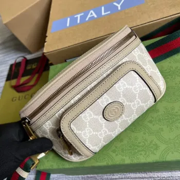 Gucci 682933 Pásková taška s propleteným G Béžová a bílá