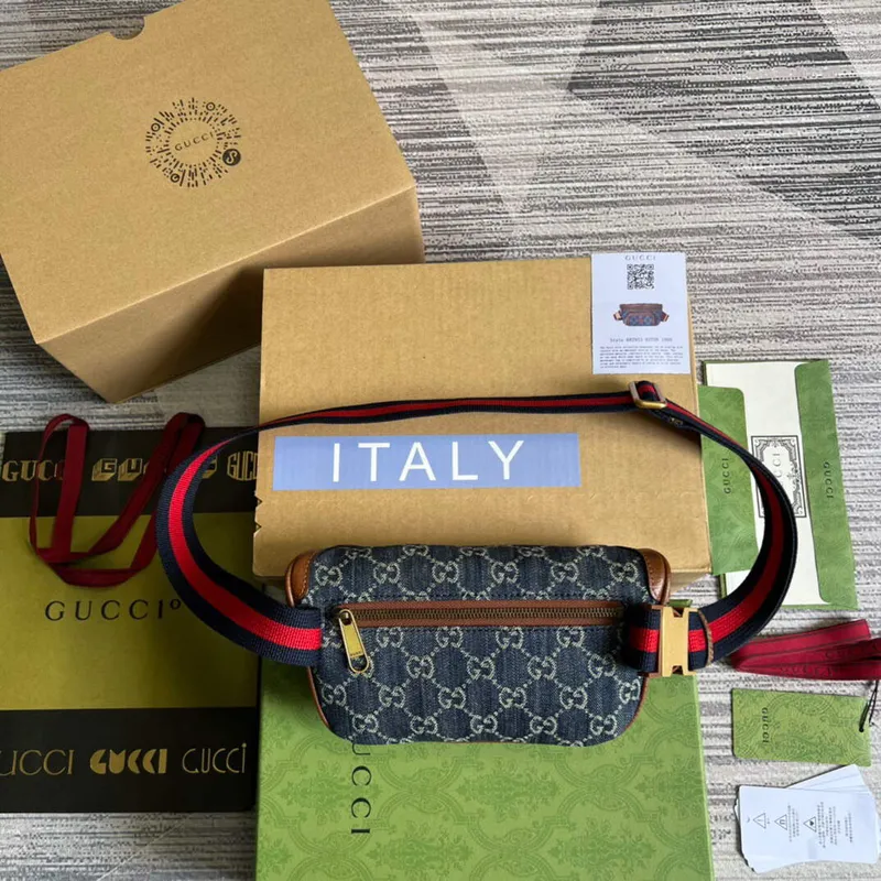 Gucci 682933 Pásková taška s propleteným G Modrá a slonová kost