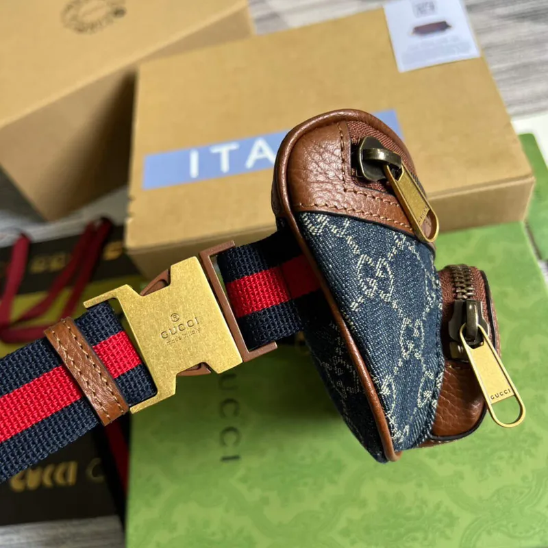 Gucci 682933 Pásková taška s propleteným G Modrá a slonová kost
