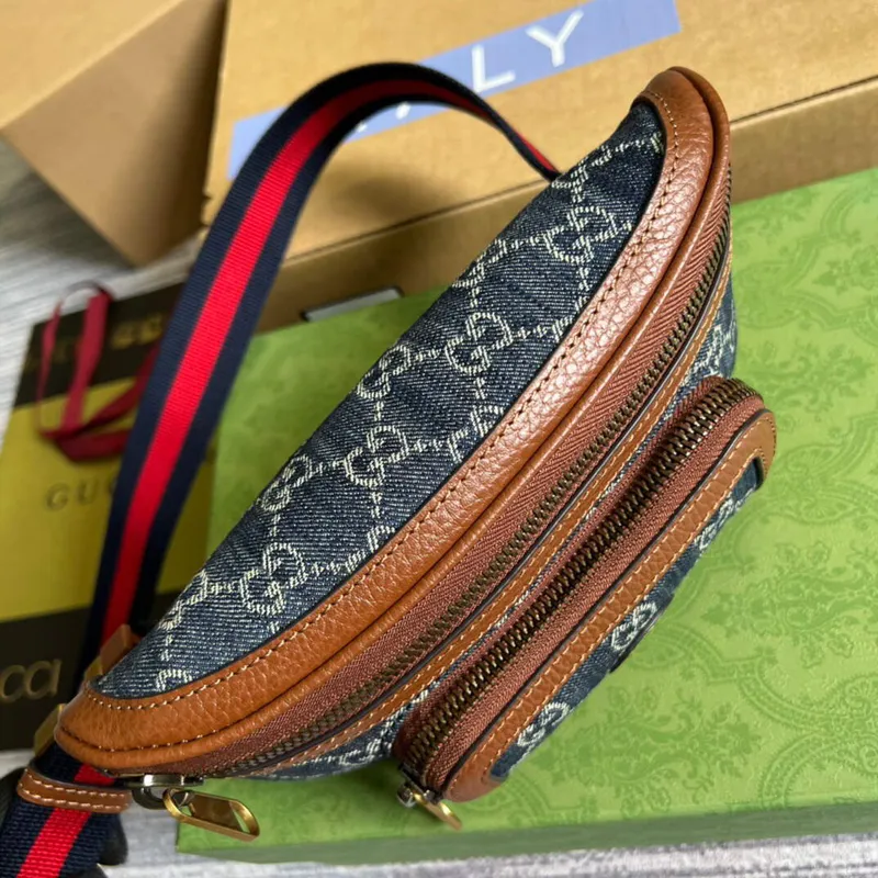 Gucci 682933 Pásková taška s propleteným G Modrá a slonová kost