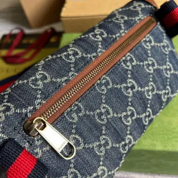 Gucci 682933 Pásková taška s propleteným G Modrá a slonová kost