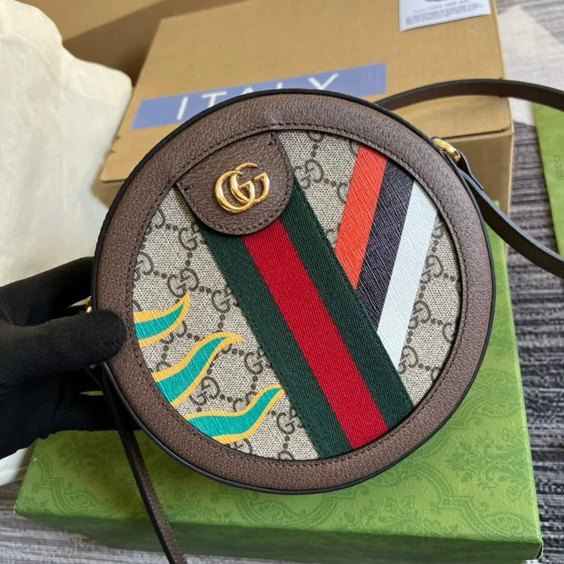 Gucci 574978 Kulatá taška přes rameno s Double G Béžová Hnědá