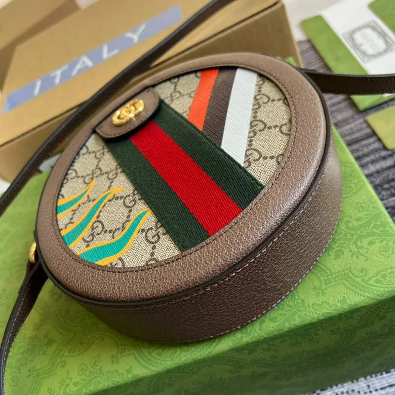 Gucci 574978 Kulatá taška přes rameno s Double G Béžová Hnědá