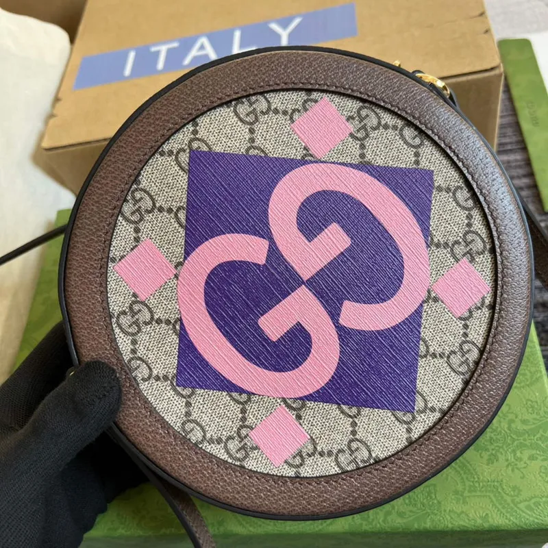 Gucci 574978 Kulatá taška přes rameno s Double G Béžová Hnědá