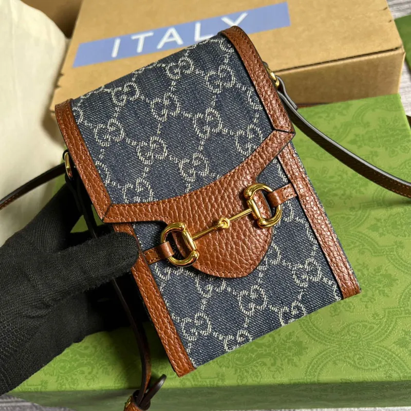 Gucci 625615 Gucci Horsebit 1955 Mini Taška Námořnická modrá Hnědá