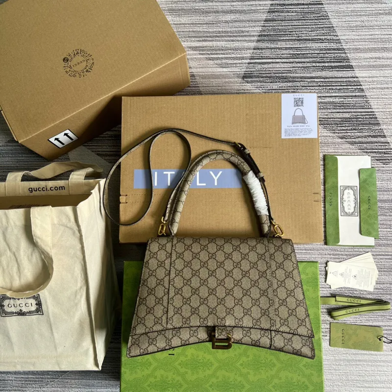 Gucci 681696 The Hacker Project Střední taška ve tvaru přesýpacích hodin Béžová a ebenová