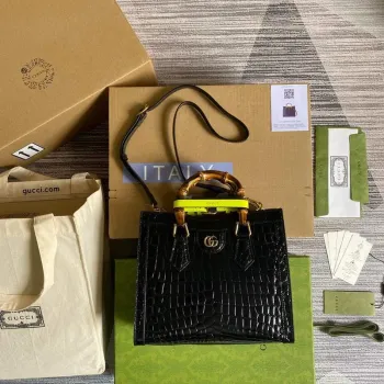 Gucci Diana Malá Tote Taška Krokodýlí Taška s Horní Rukojetí 660195 Černá