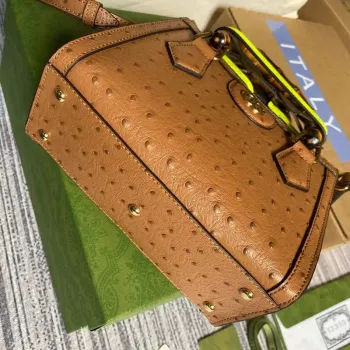 Gucci Diana Mini Tote Bag Pštrosí kůže Kabelka s horním uchopem Gucci 655661 Hnědá