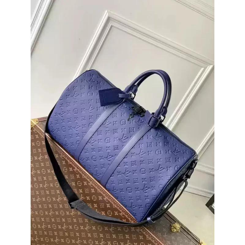 LV M44810 Louis Vuitton Keepall Bandoulière 50 Monogram stínová kůže Námořnická modrá