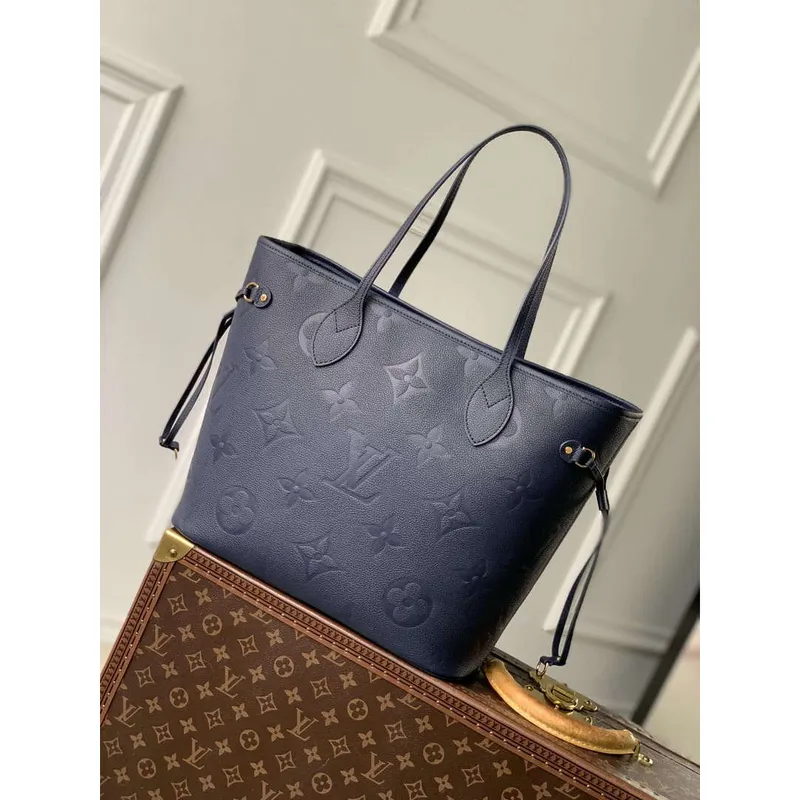 LV M47143 Louis Vuitton Neverfull MM Taška Monogram Empreinte Kůže Námořnická Modrá