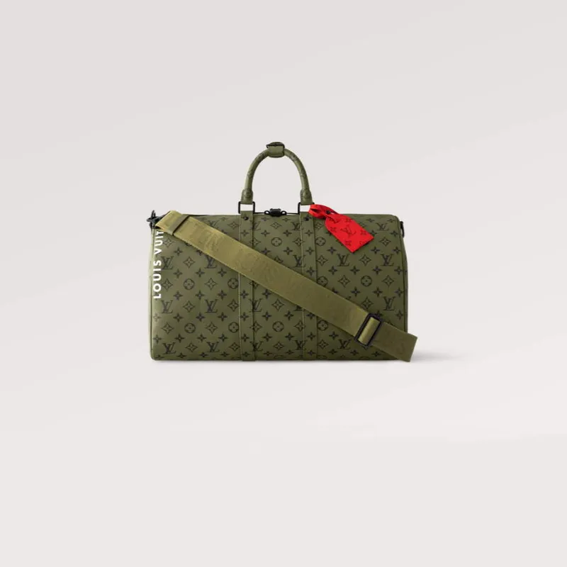 LV M23962 Louis Vuitton Keepall Bandoulière 45 Taška Khaki Zelená/Vermilion Červená