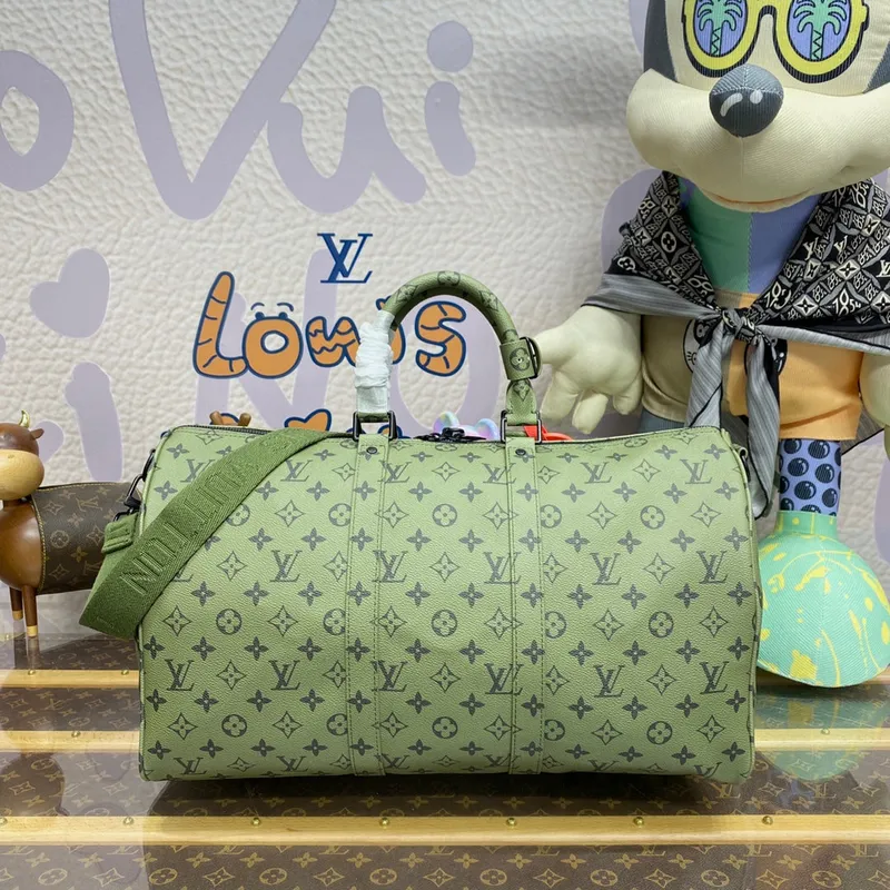 LV M23962 Louis Vuitton Keepall Bandoulière 45 Taška Khaki Zelená/Vermilion Červená
