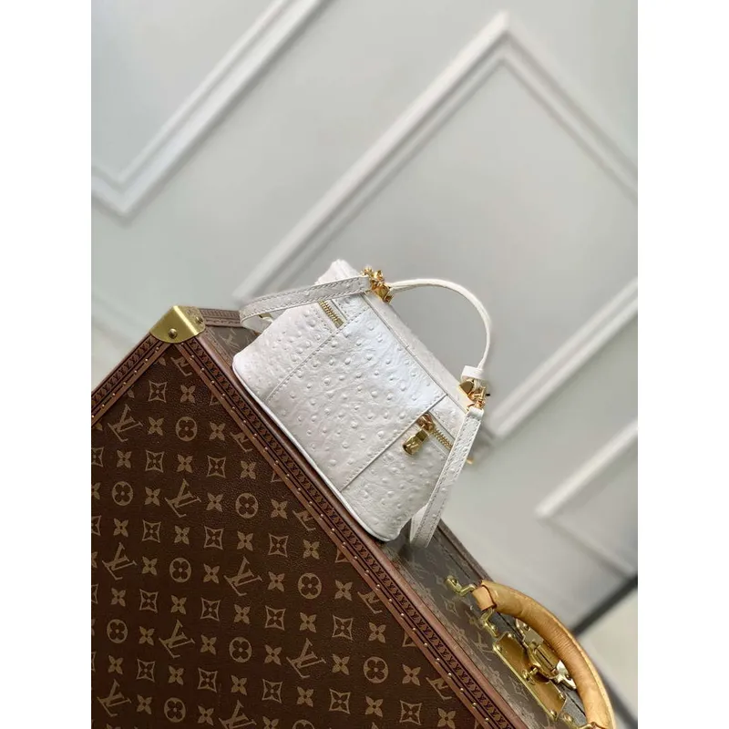 LV N85911 Louis Vuitton Vanity Chain Pouch Taška z pštrosí kůže Bílá perla